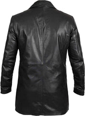 Men Piano Black Real Lambskin Long Length Leather Overcoat - 3/4 Length Genuine Leather Black Long Coat for Men - MNCLeather