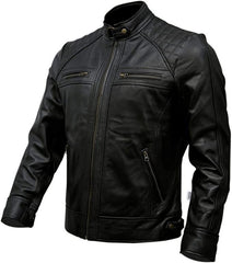 Men's High Quality Cafe Racer Motorcycle Quilted Black Genuine Leather Jacket for Men - Black Vegan Leather Jacket for Men - MNCLeather