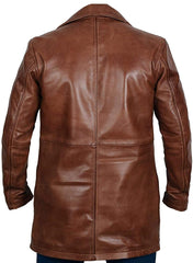 Men's Distressed Waxed Brown Lightweight Long Length Leather Overcoat for Men - Men's 3/4 Length Leather Carcoat in Tan Brown Colour - MNCLeather