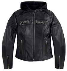 Harley Davidson Women Enthusiast Motorcycle Cowhide Black Leather Jacket with Hood - MNCLeather