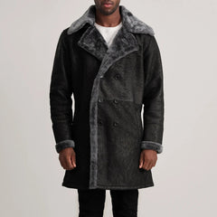 Harry Distressed Black Leather Shearling Double-Breasted Coat
