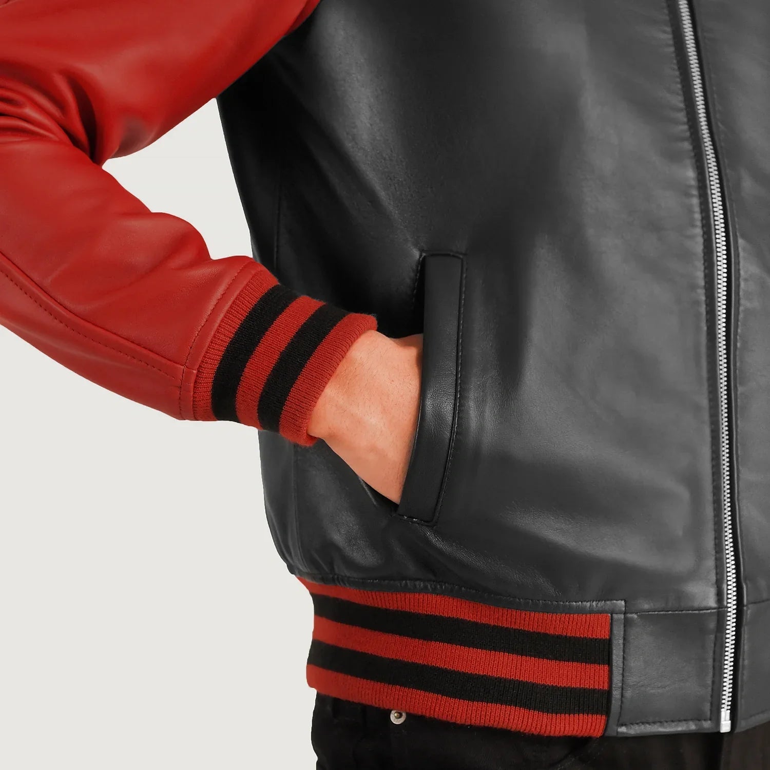 Black Red Leather Varsity Jacket for men