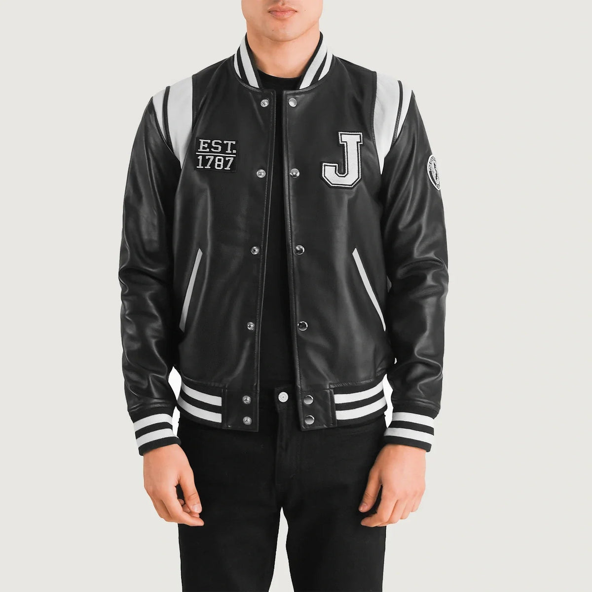 New Jersey Black Leather Varsity Jacket for men