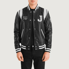 New Jersey Black Leather Varsity Jacket for men