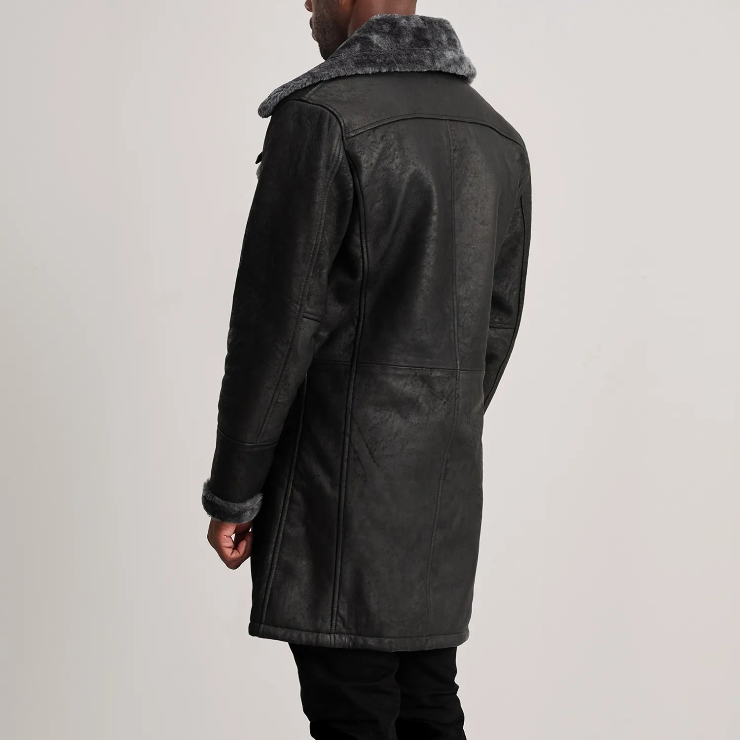 Harry Distressed Black Leather Shearling Double-Breasted Coat