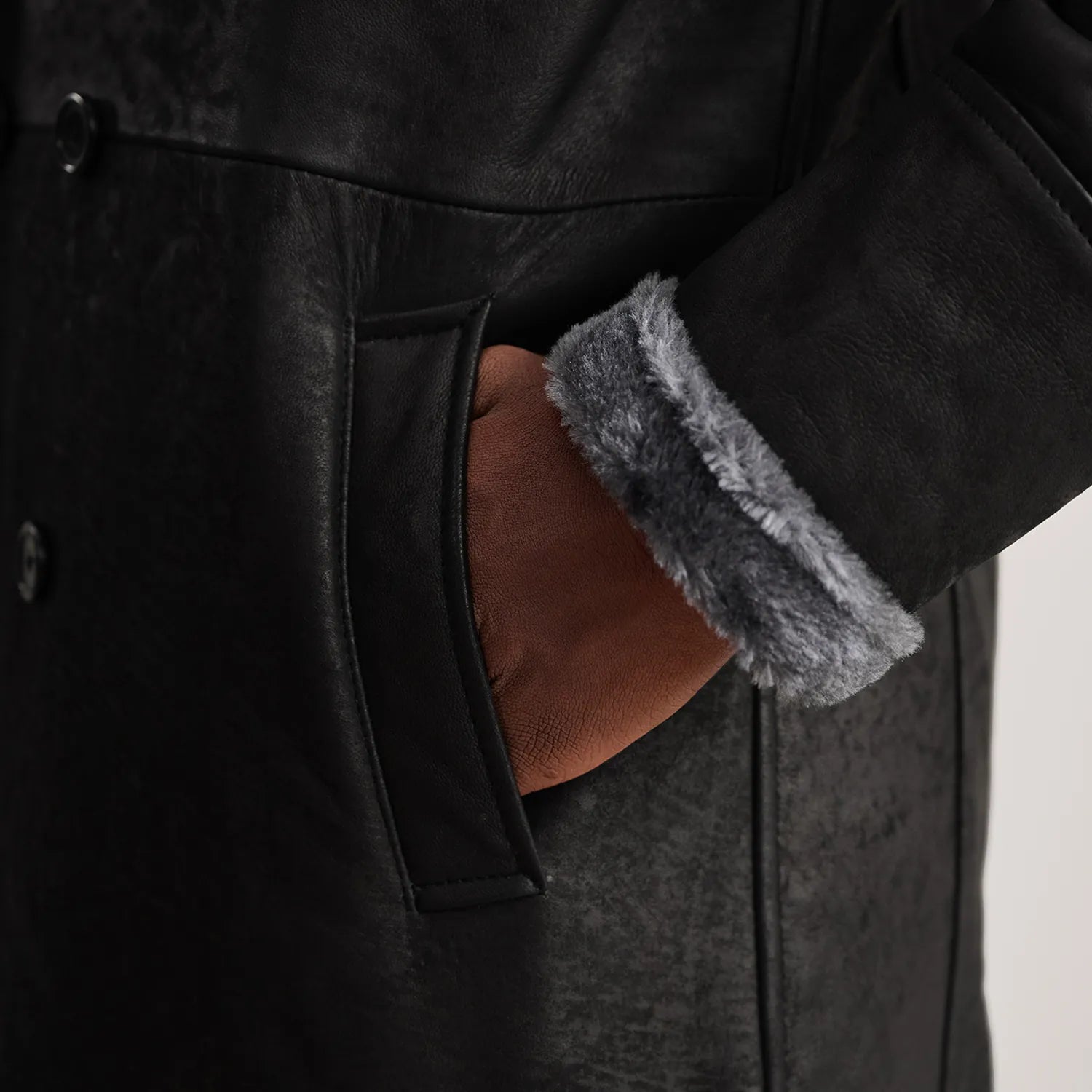 Harry Distressed Black Leather Shearling Double-Breasted Coat