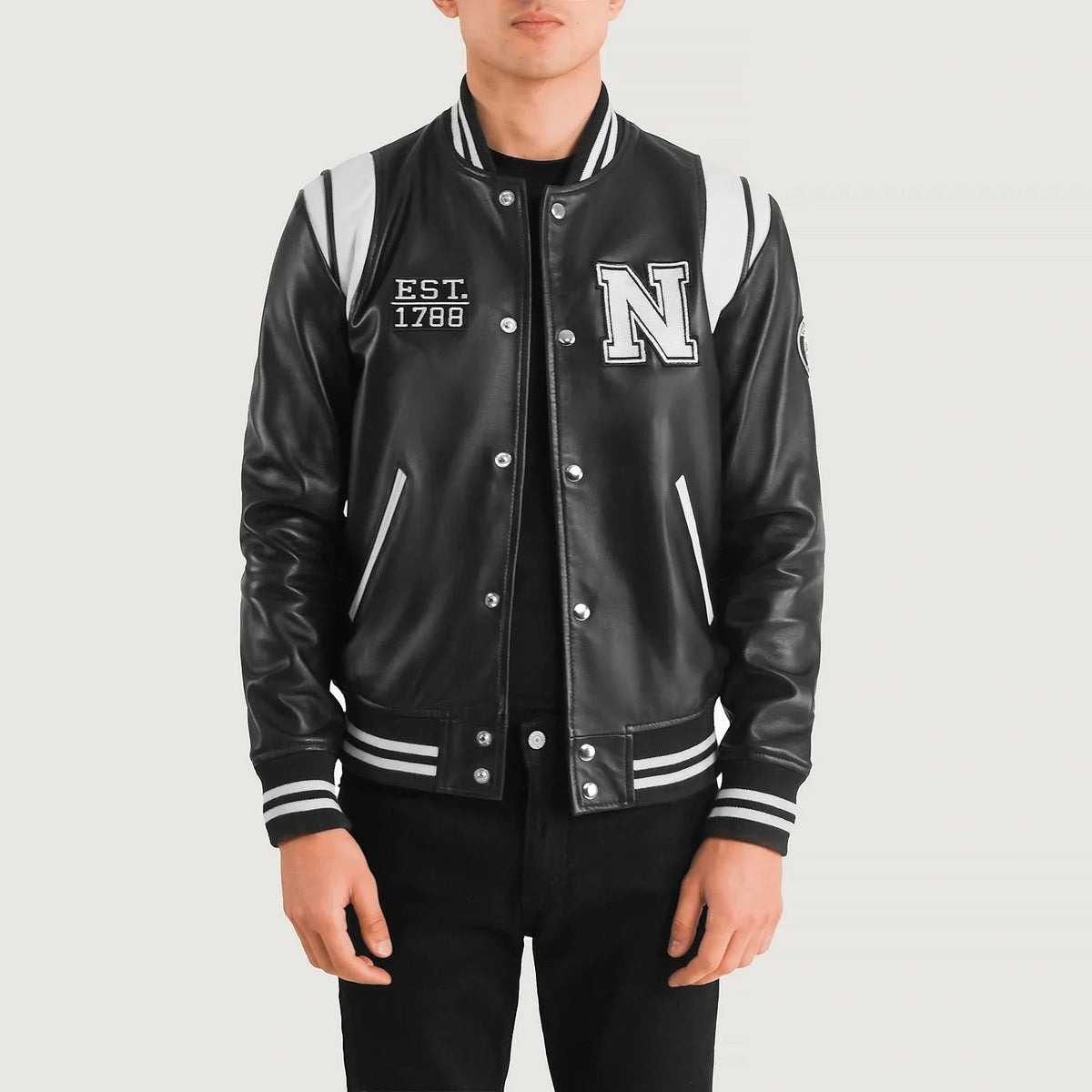 Texas Black Leather Varsity Jacket for men