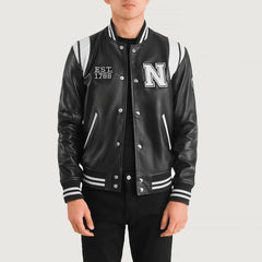 Texas Black Leather Varsity Jacket for men