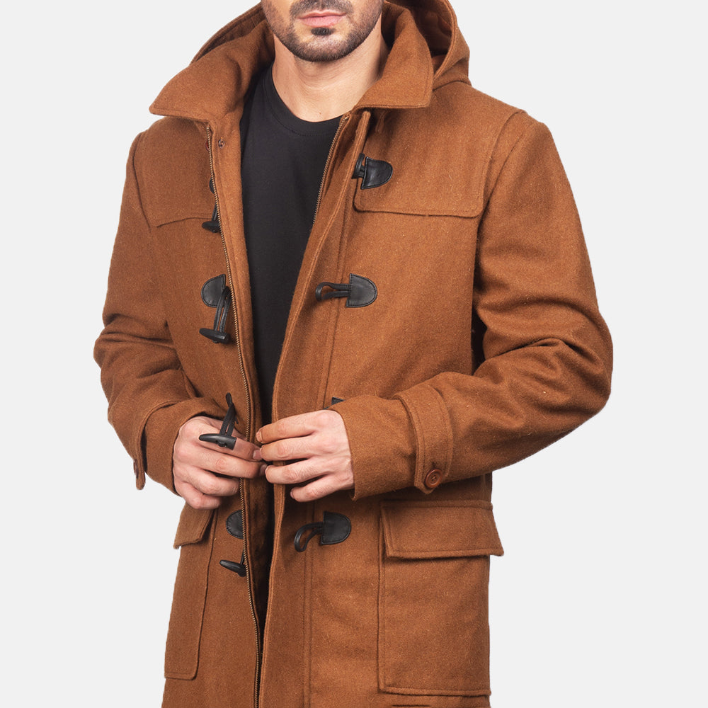 Drake Khaki Wool Hooded Duffle Coat for men
