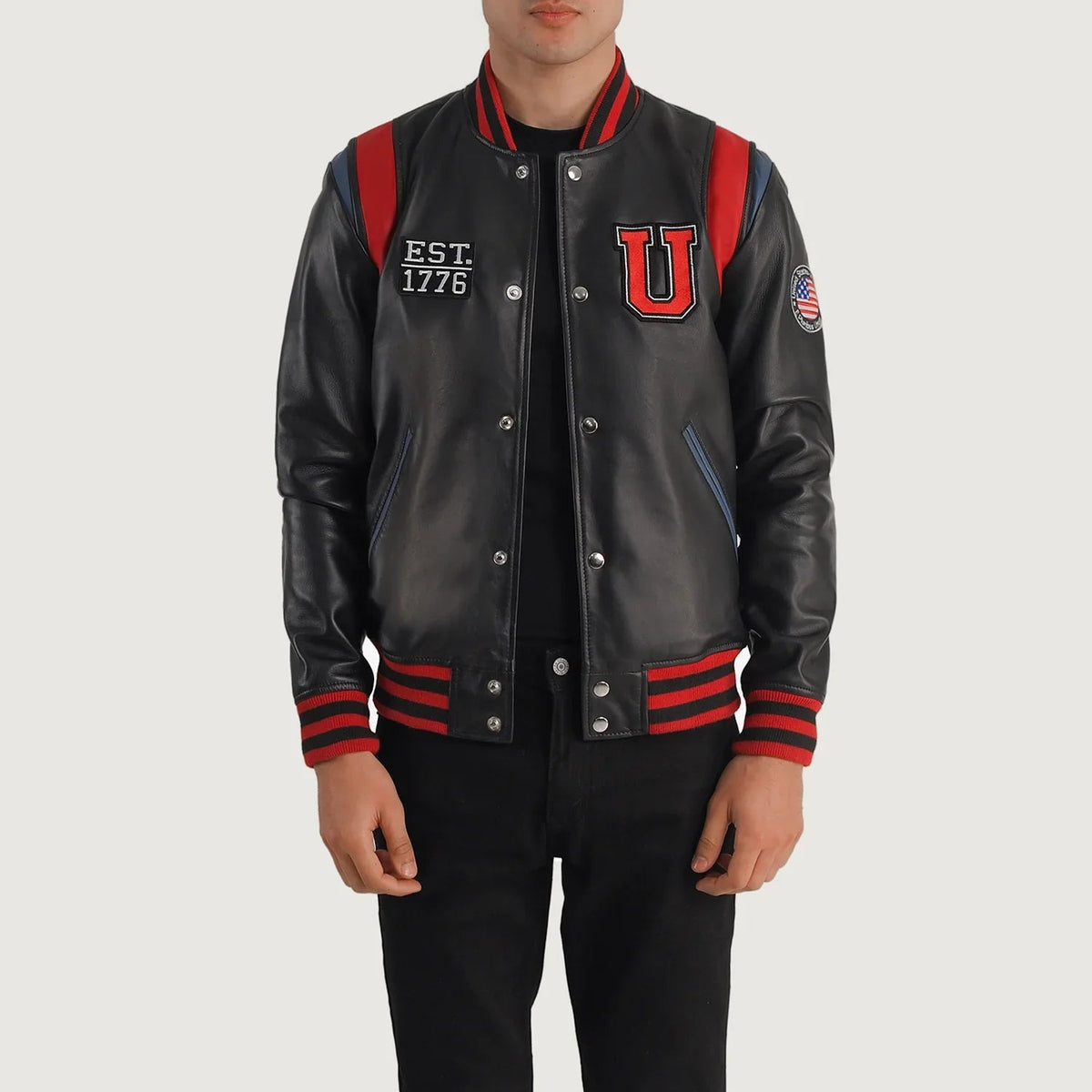 USA Black Leather Varsity Jacket for men