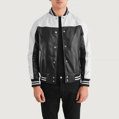 Black White Leather Varsity Jacket for men