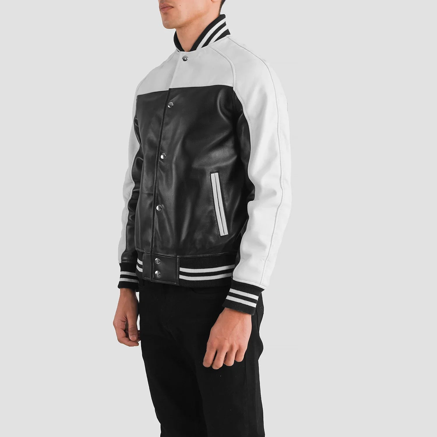 Black White Leather Varsity Jacket for men