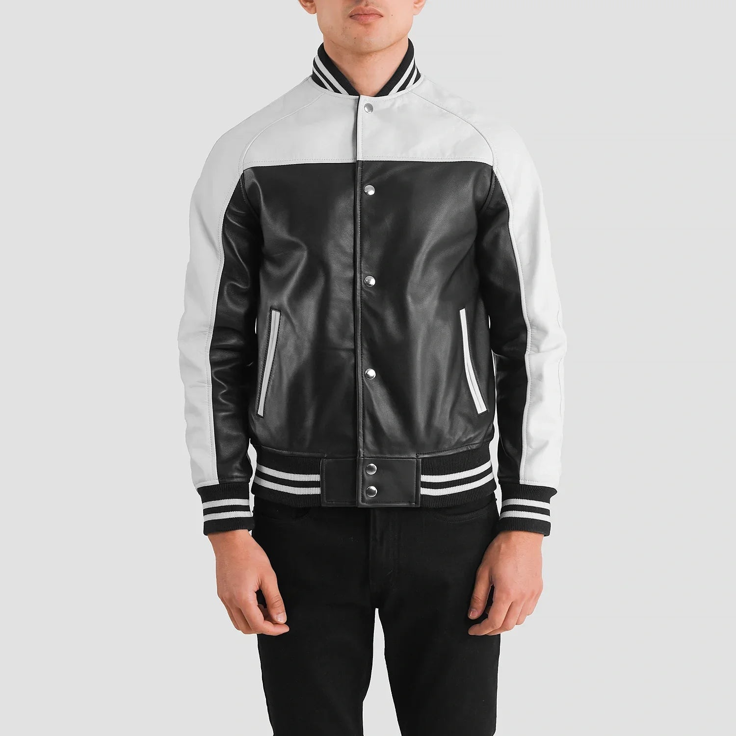 Black White Leather Varsity Jacket for men