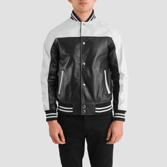 Black White Leather Varsity Jacket for men