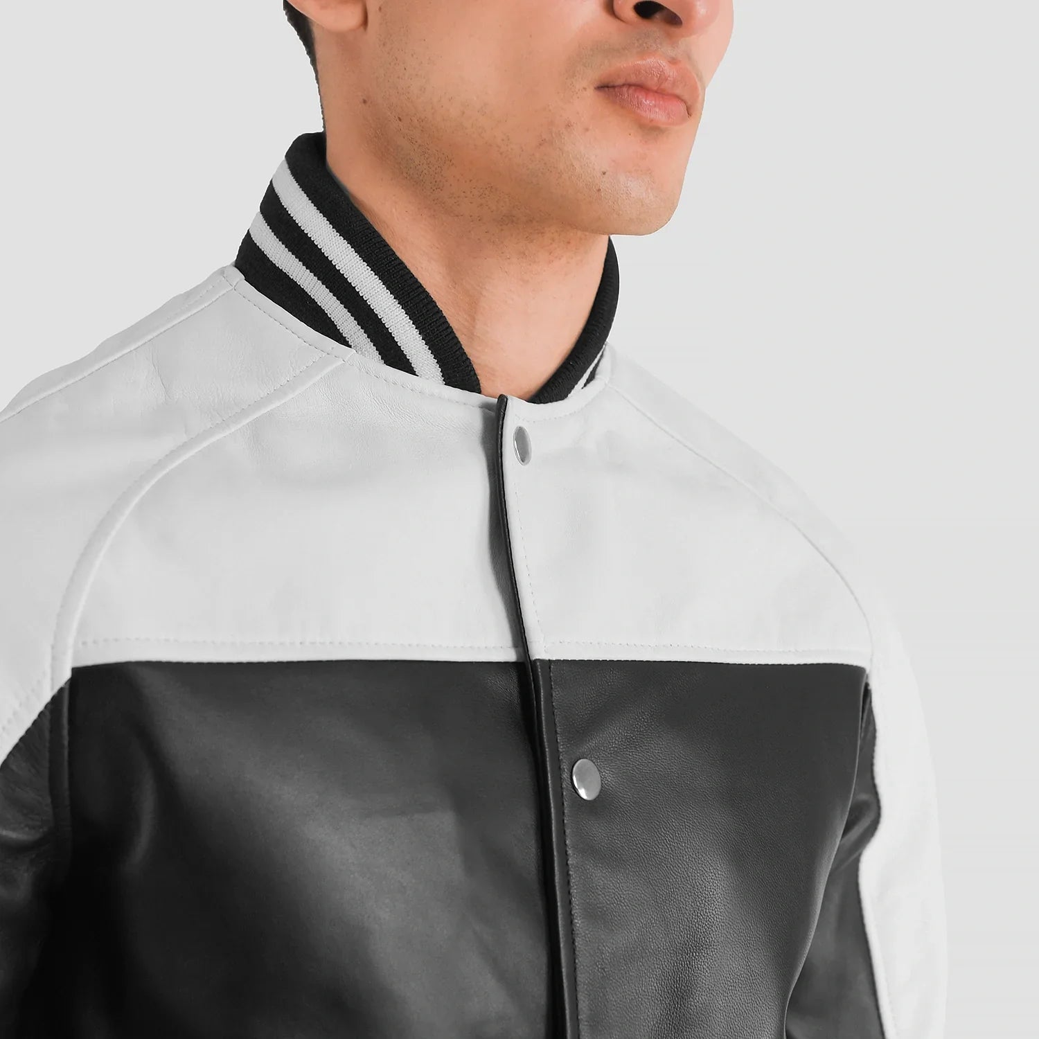 Black White Leather Varsity Jacket for men