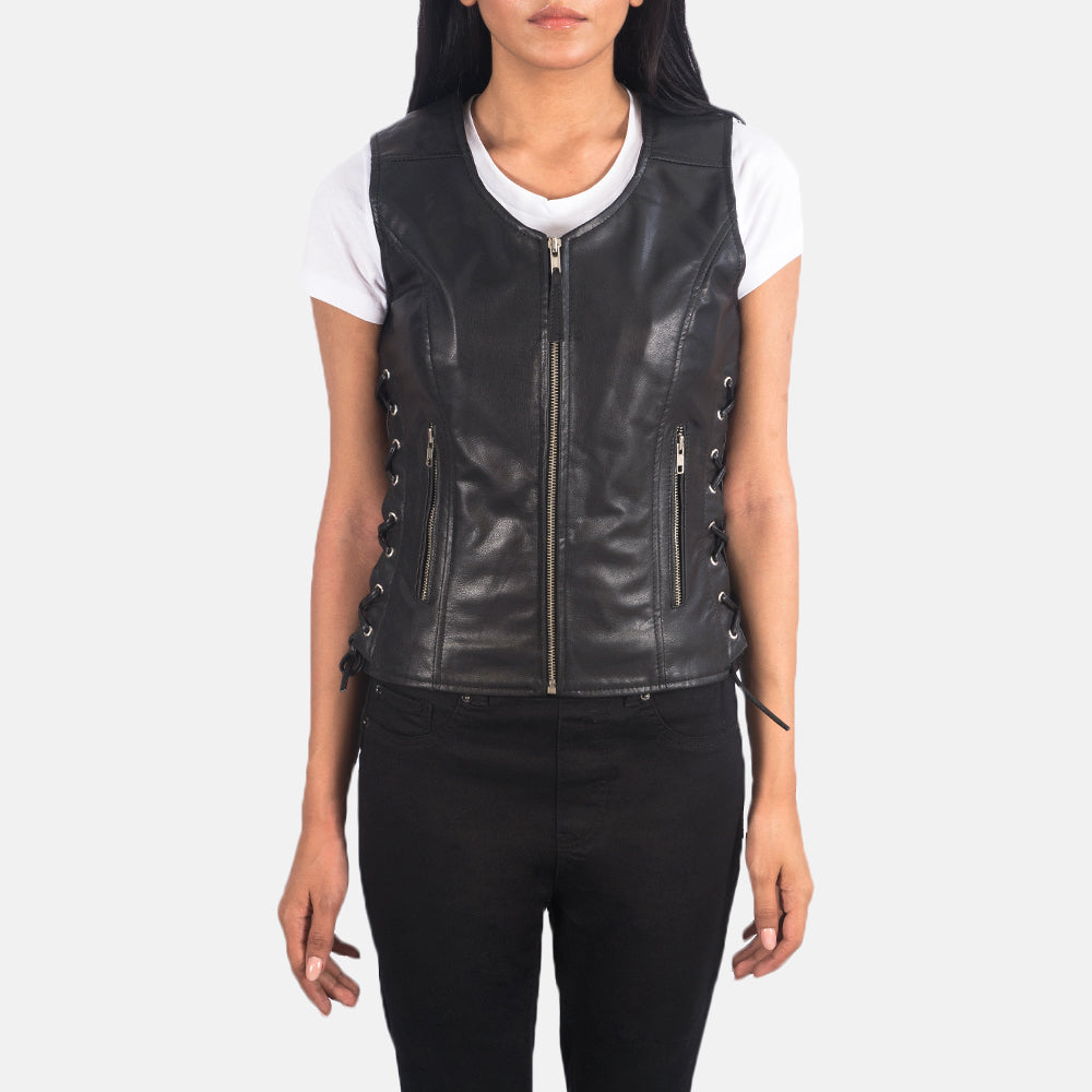 Womens Black Leather Biker Vest