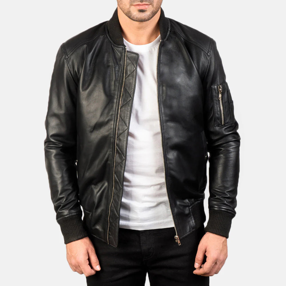 Black Leather MA-1 Bomber Jacket