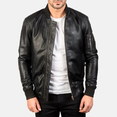 Black Leather MA-1 Bomber Jacket