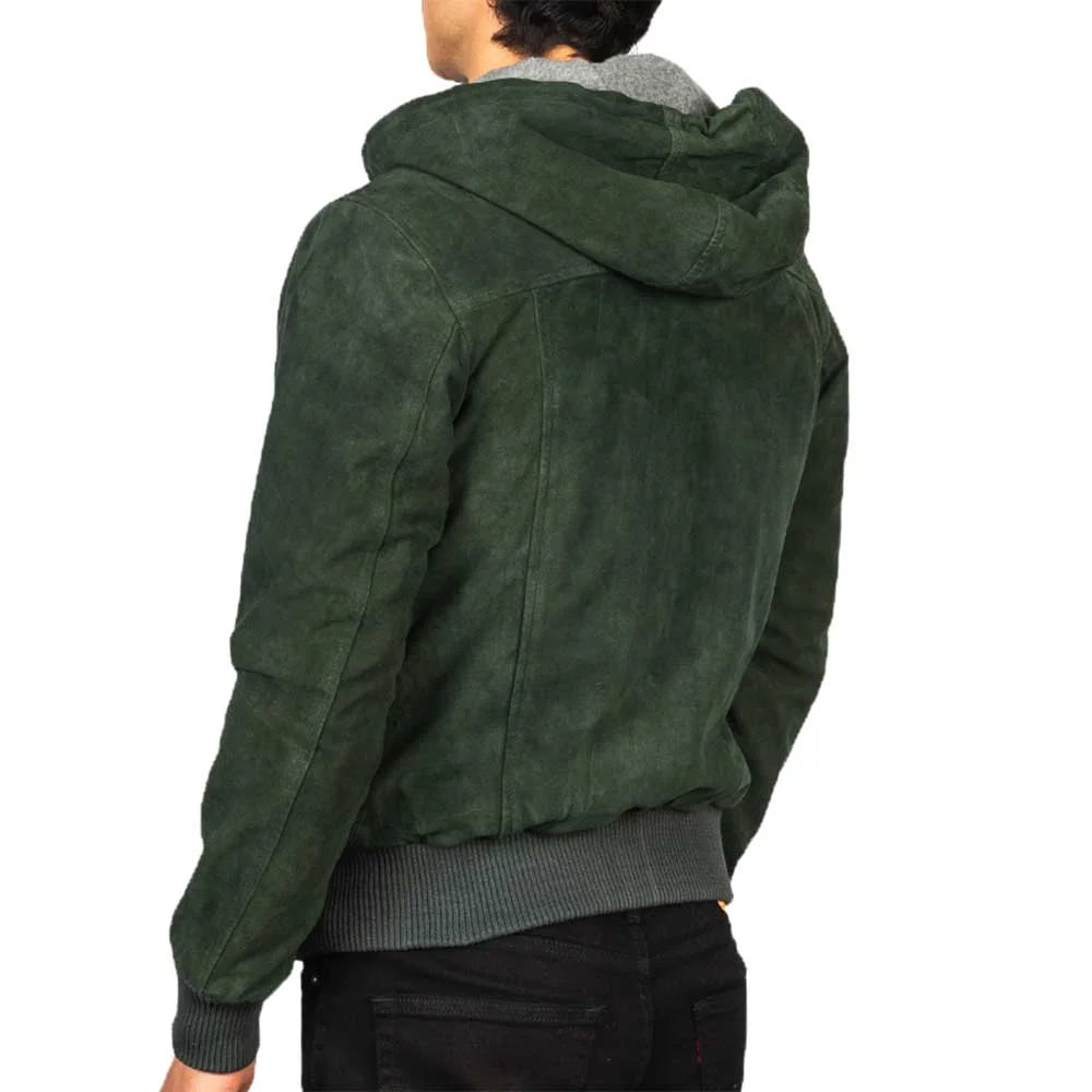 Mens Green Leather Hooded Jacket