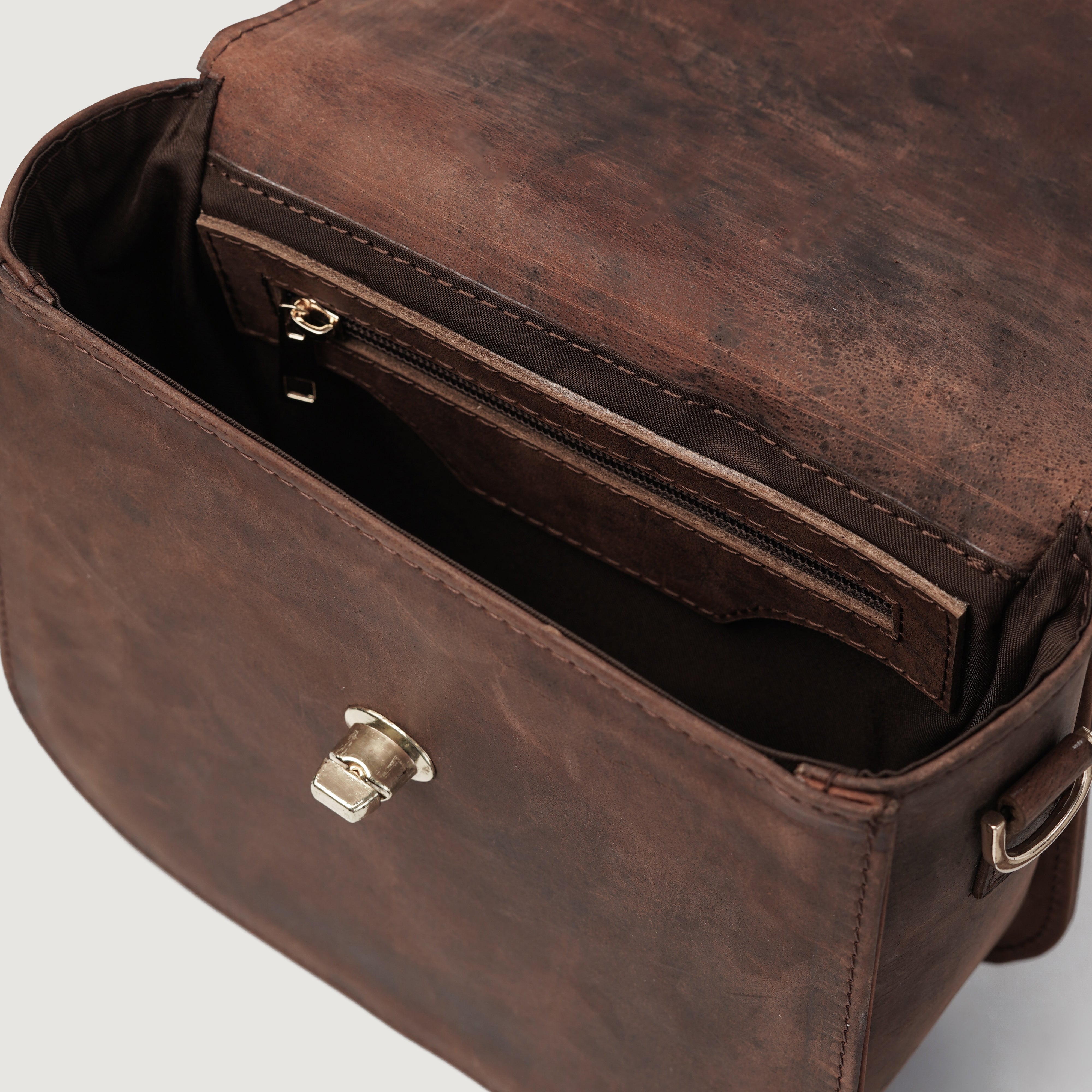 Vintage Distressed Brown Leather Saddle Bag