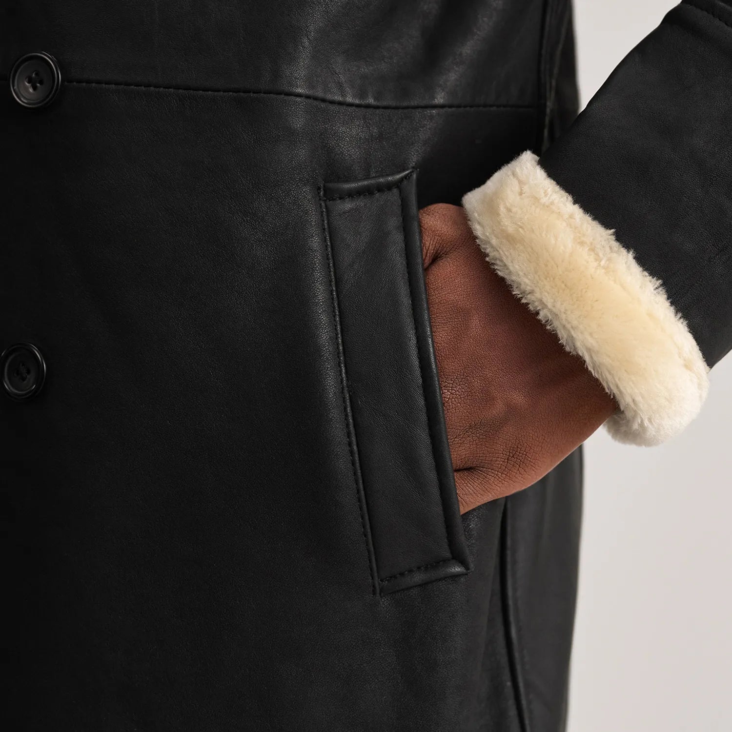 James Tumbled Black Leather Shearling Double-Breasted Coat for men