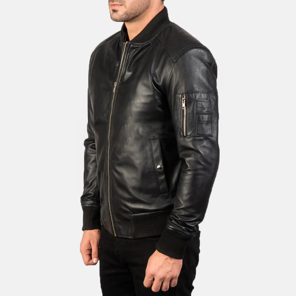 Black Leather MA-1 Bomber Jacket
