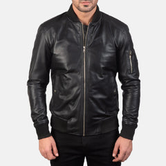 Black Leather MA-1 Bomber Jacket