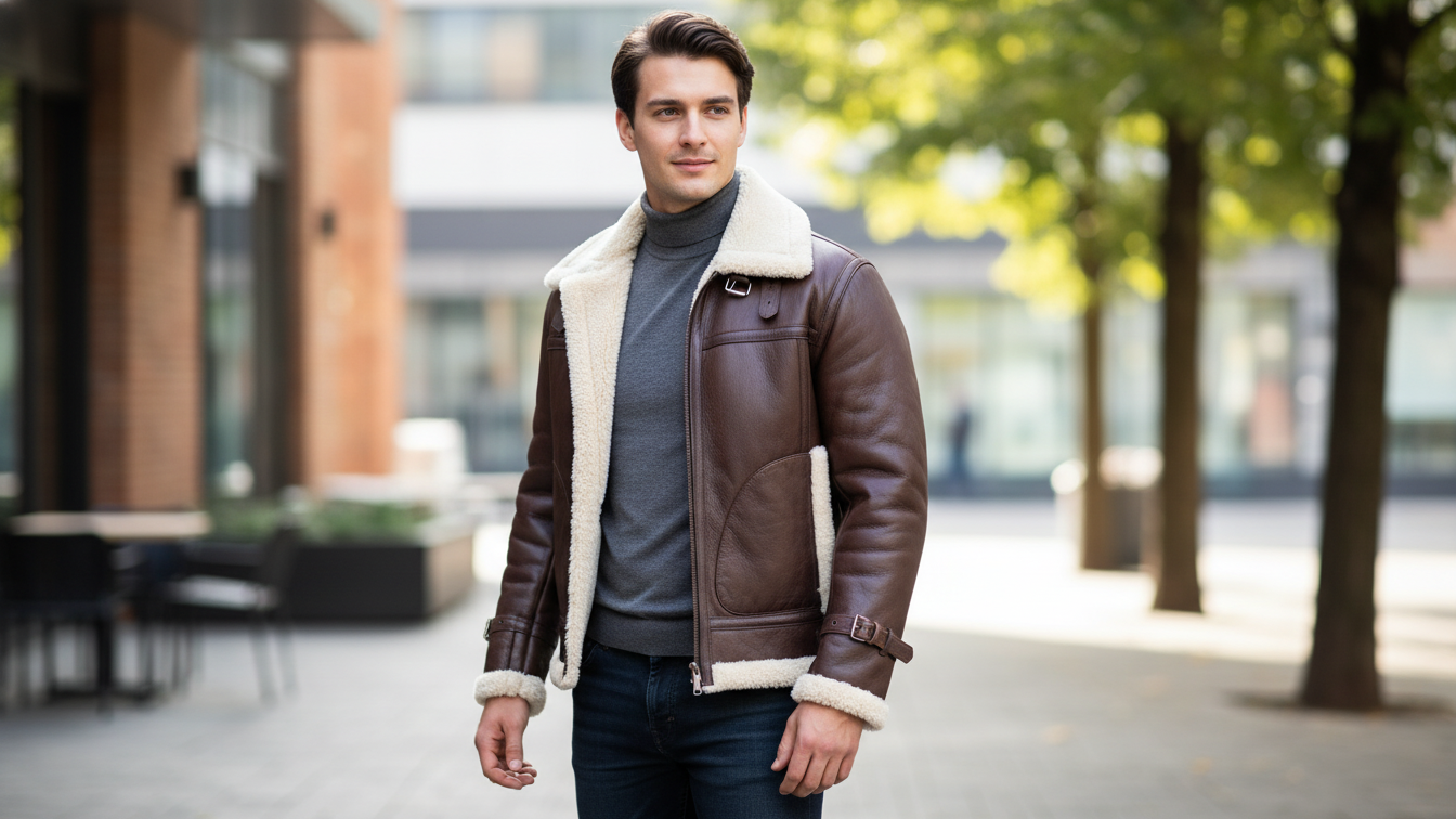 Men's Handmade Premium Quality RAF Aviator WWII Pilot Brown Thick Bomber Leather Jacket with Warm Real Sheep Shearling for Cold Season