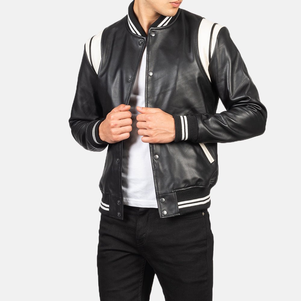 Black Leather Varsity Jacket for men