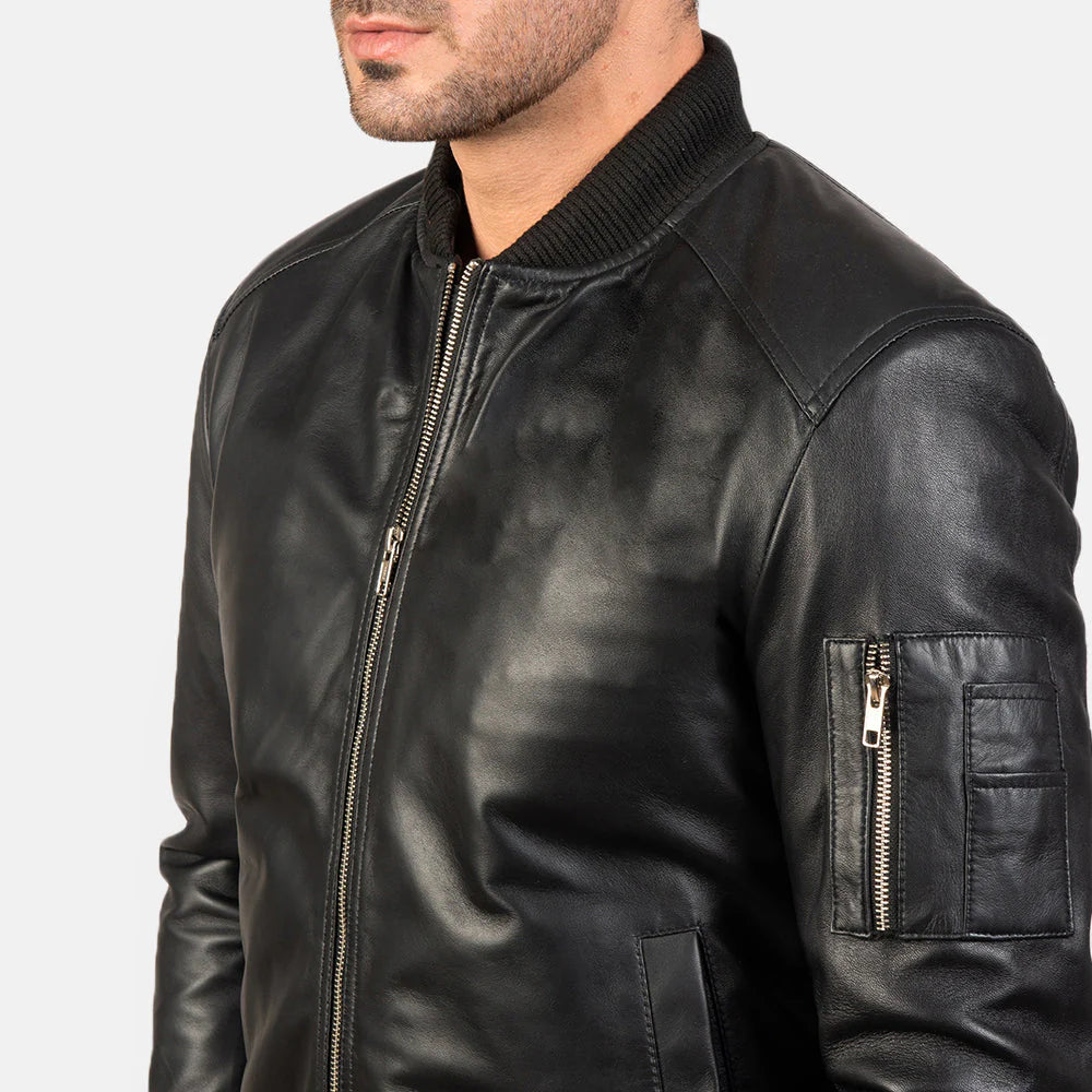 Black Leather MA-1 Bomber Jacket
