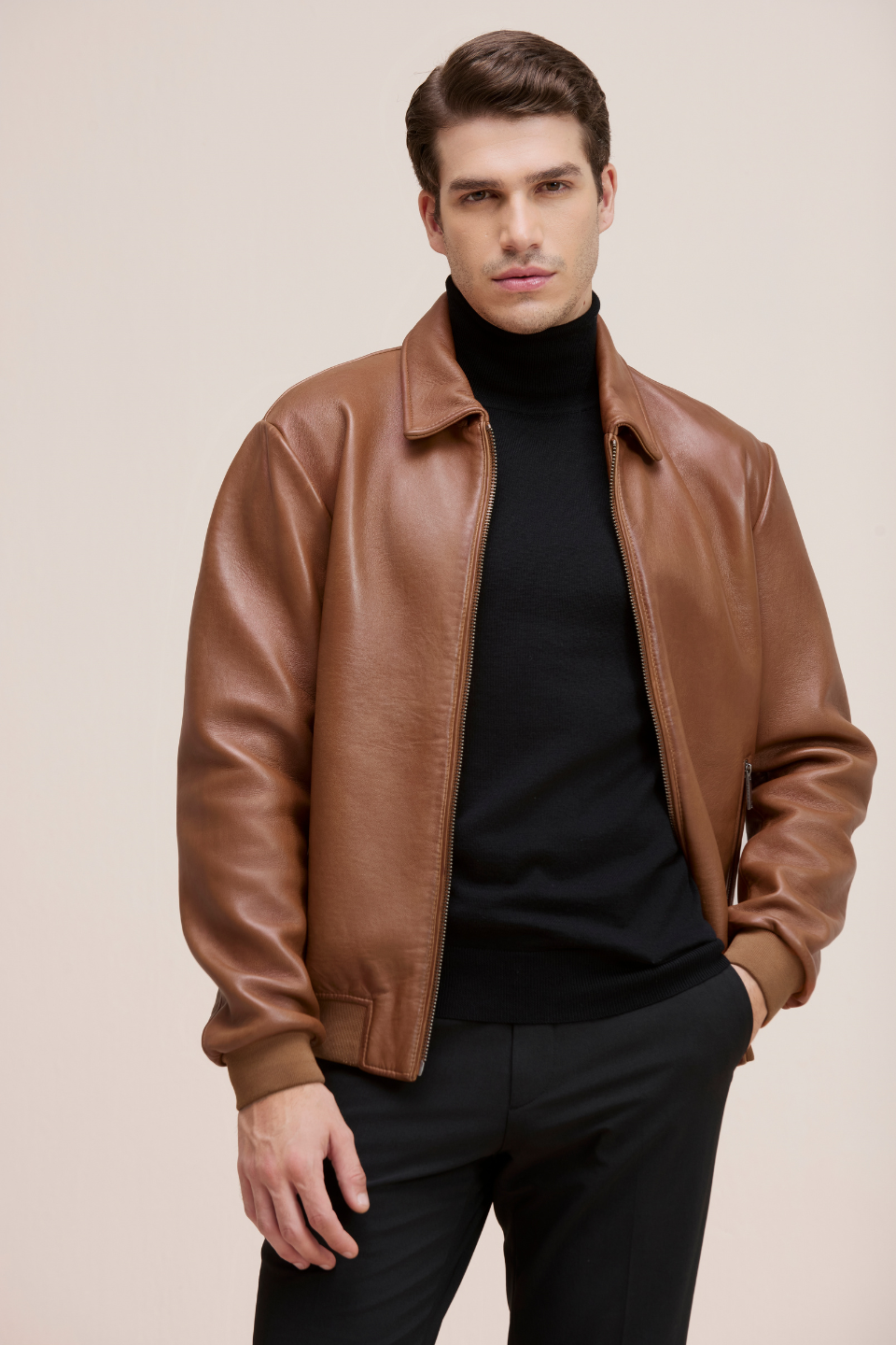 Men’s Sleek Genuine Leather Jacket with Zip Pockets and Modern Fit