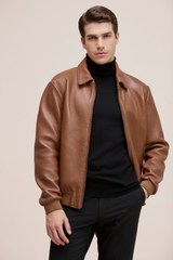 Men’s Sleek Genuine Leather Jacket with Zip Pockets and Modern Fit