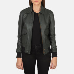 Women Green Leather Bomber Jacket