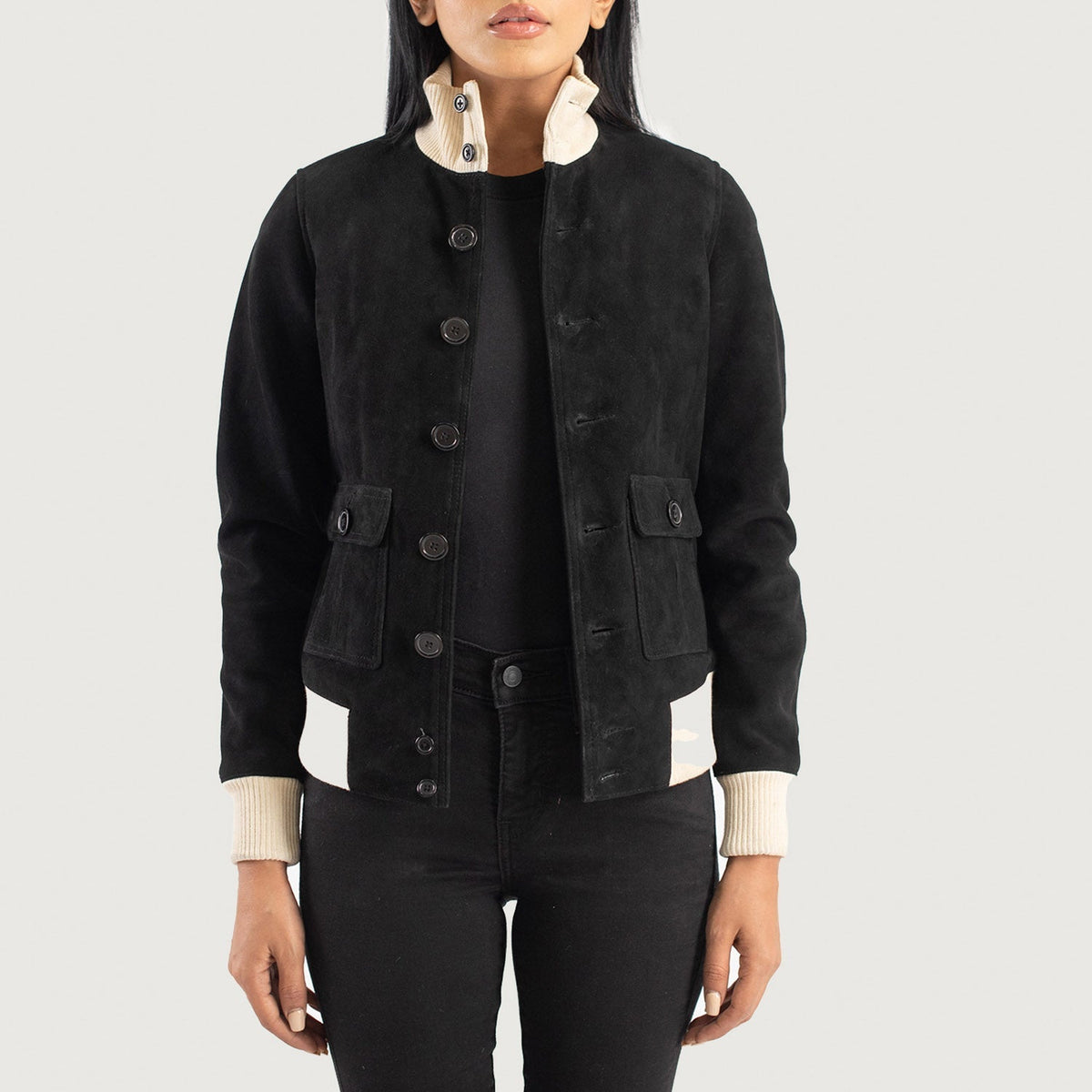 Women Black Suede Bomber Jacket
