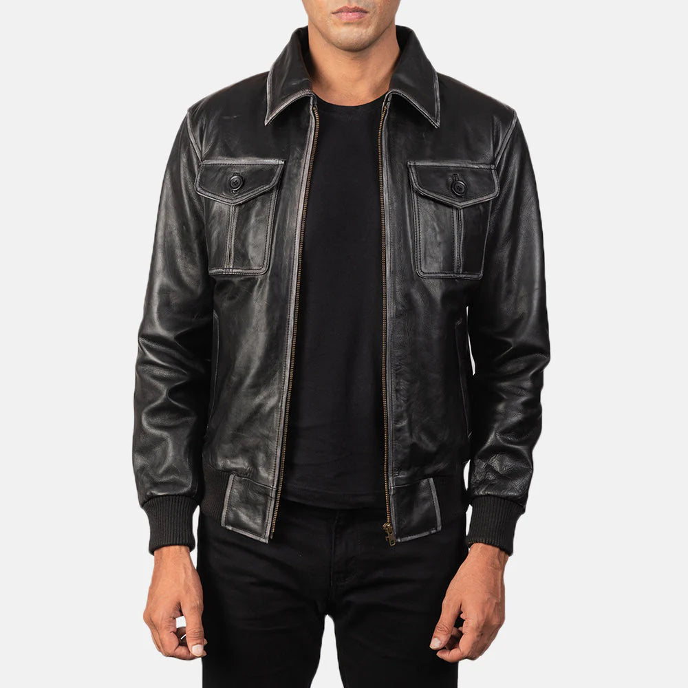 Black Leather Bomber sheepskin Jacket for men