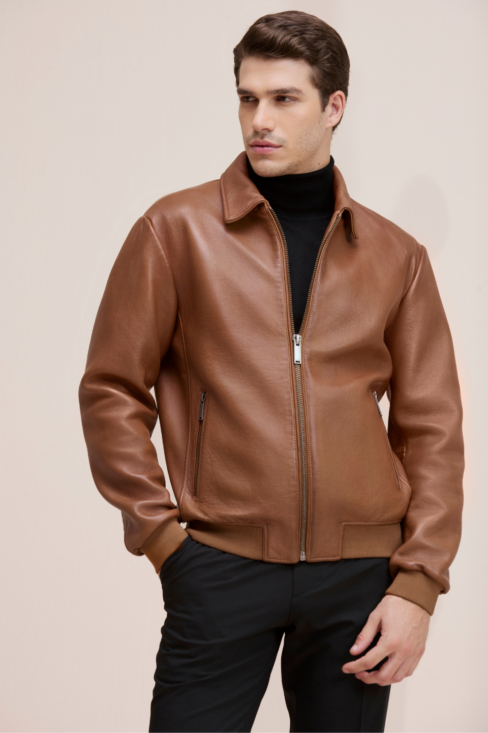 Men’s Sleek Genuine Leather Jacket with Zip Pockets and Modern Fit
