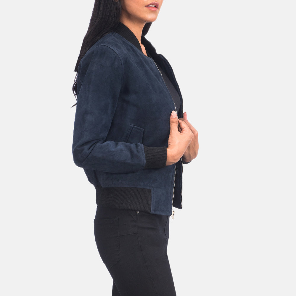 Womens Ma-1 Blue Suede Bomber Jacket-Stylish Jacket