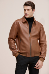 Men’s Sleek Genuine Leather Jacket with Zip Pockets and Modern Fit