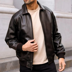 Midnight Crest Men’s Black Genuine Leather Bomber Jacket-Black coffee color