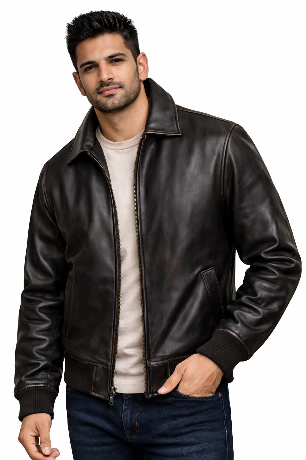 Midnight Crest Men’s Black Genuine Leather Bomber Jacket-Black coffee color