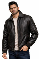 Midnight Crest Men’s Black Genuine Leather Bomber Jacket-Black coffee color