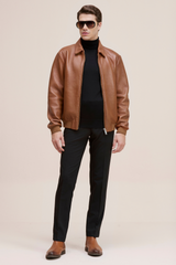 Men’s Sleek Genuine Leather Jacket with Zip Pockets and Modern Fit