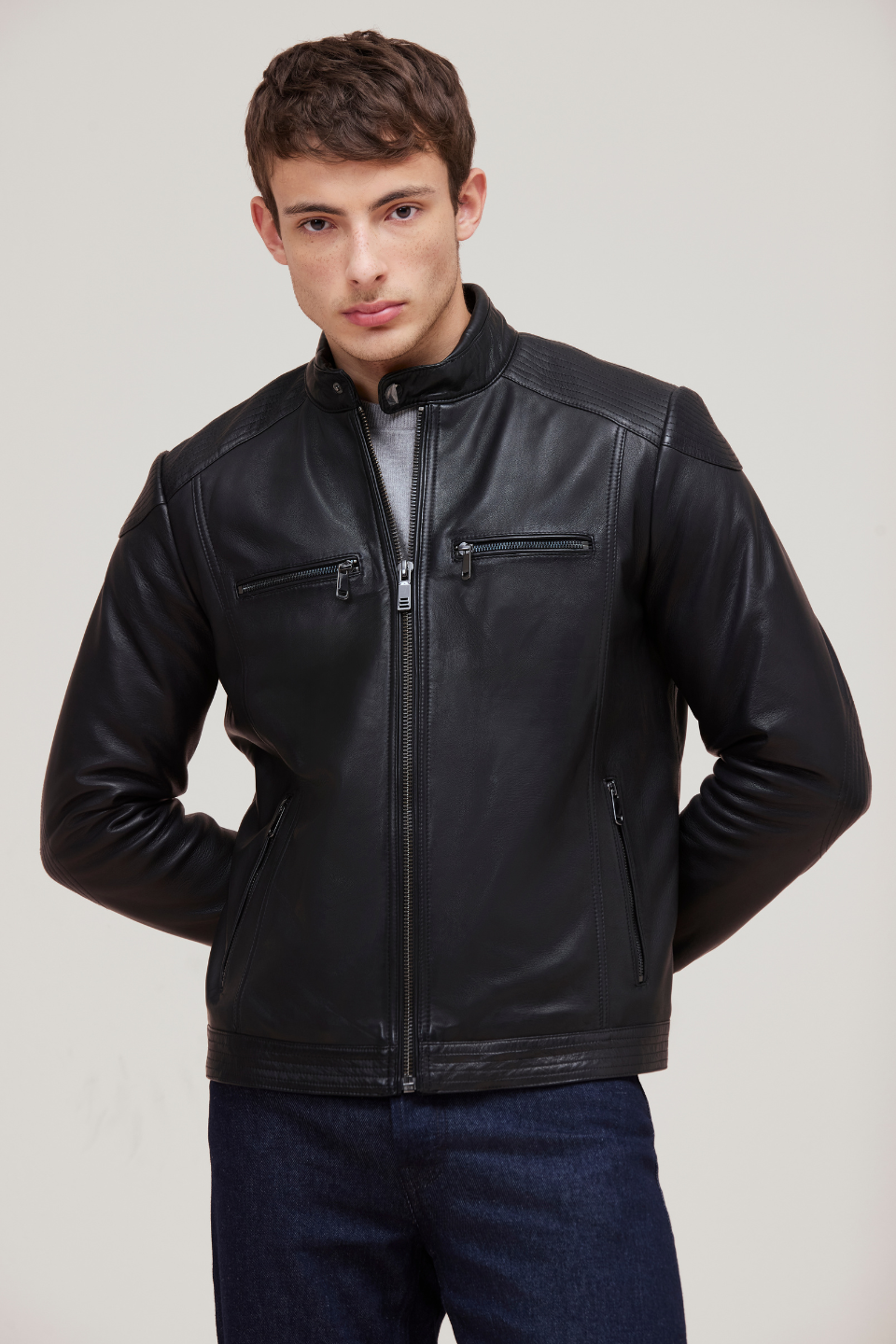 James Black Genuine Leather Jacket with Zip Pockets | Modern Classic Style