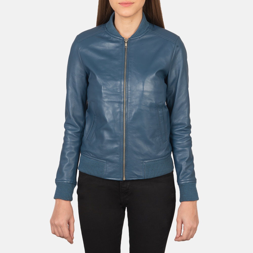 Womens Blue Leather Bomber stylish Jacket