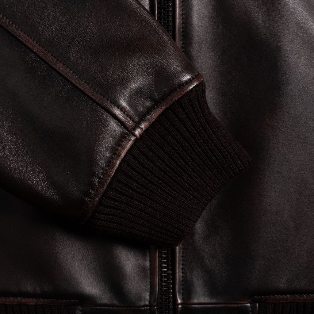 Midnight Crest Men’s Black Genuine Leather Bomber Jacket-Black coffee color