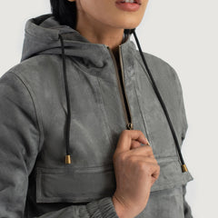 Grey Suede Hooded Pullover Jacket