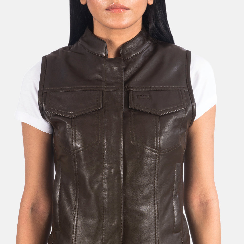 Women Moto Brown Leather Vest