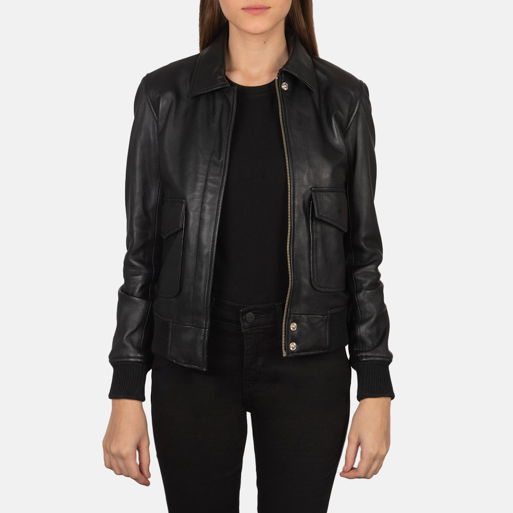 Womens A-2 Black Leather Bomber stylish Jacket