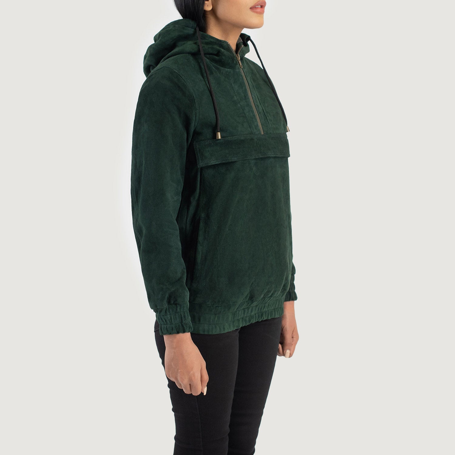 Green Suede Hooded Pullover Jacket
