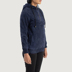 Blue Hooded Suede Pullover Jacket for women
